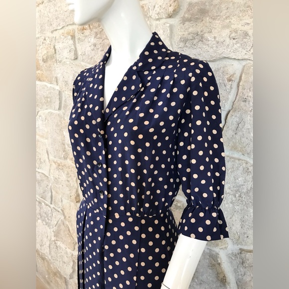 Timeless Vintage 1960s Blue Polka Dot Shirt Dress with Pleated Skirt Classic - Picture 5 of 16